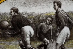 Panneau en verre teinté Art Déco représentant une scène de football précoce, Belgique vers 19