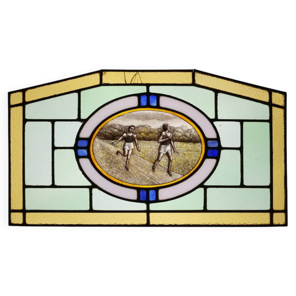 Panneau en verre teinté Art Déco représentant des coureurs en mouvement, Belgique vers 1910