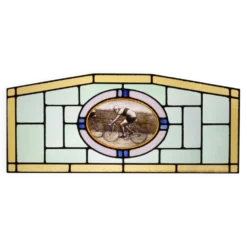 Panneau en verre teinté Art Déco représentant des cyclistes en mouvement, Belgique vers 1910