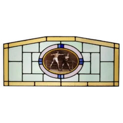 Panneau en verre teinté Art Déco représentant un match de boxe, Belgique vers 1910