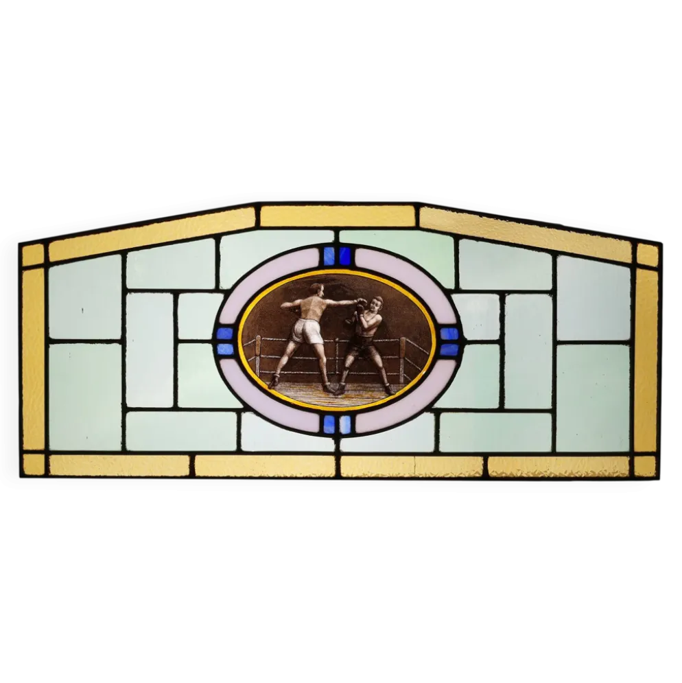 Panneau en verre teinté Art Déco représentant un match de boxe, Belgique vers 1910