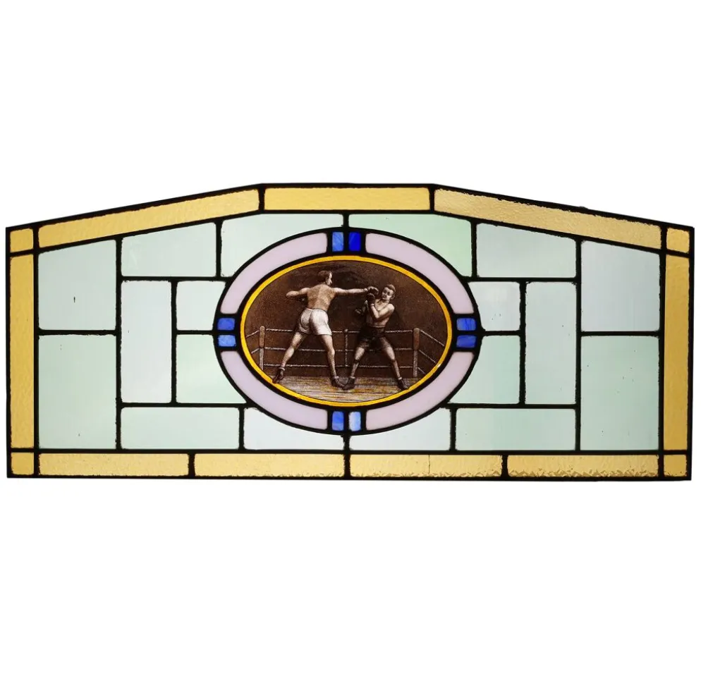 Panneau en verre teinté Art Déco représentant un match de boxe, Belgique vers 1910