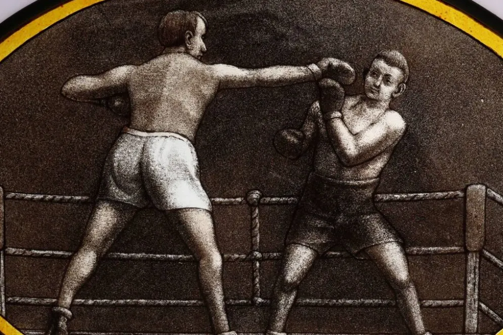 Panneau en verre teinté Art Déco représentant un match de boxe, Belgique vers 1910