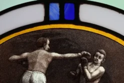 Panneau en verre teinté Art Déco représentant un match de boxe, Belgique vers 1910