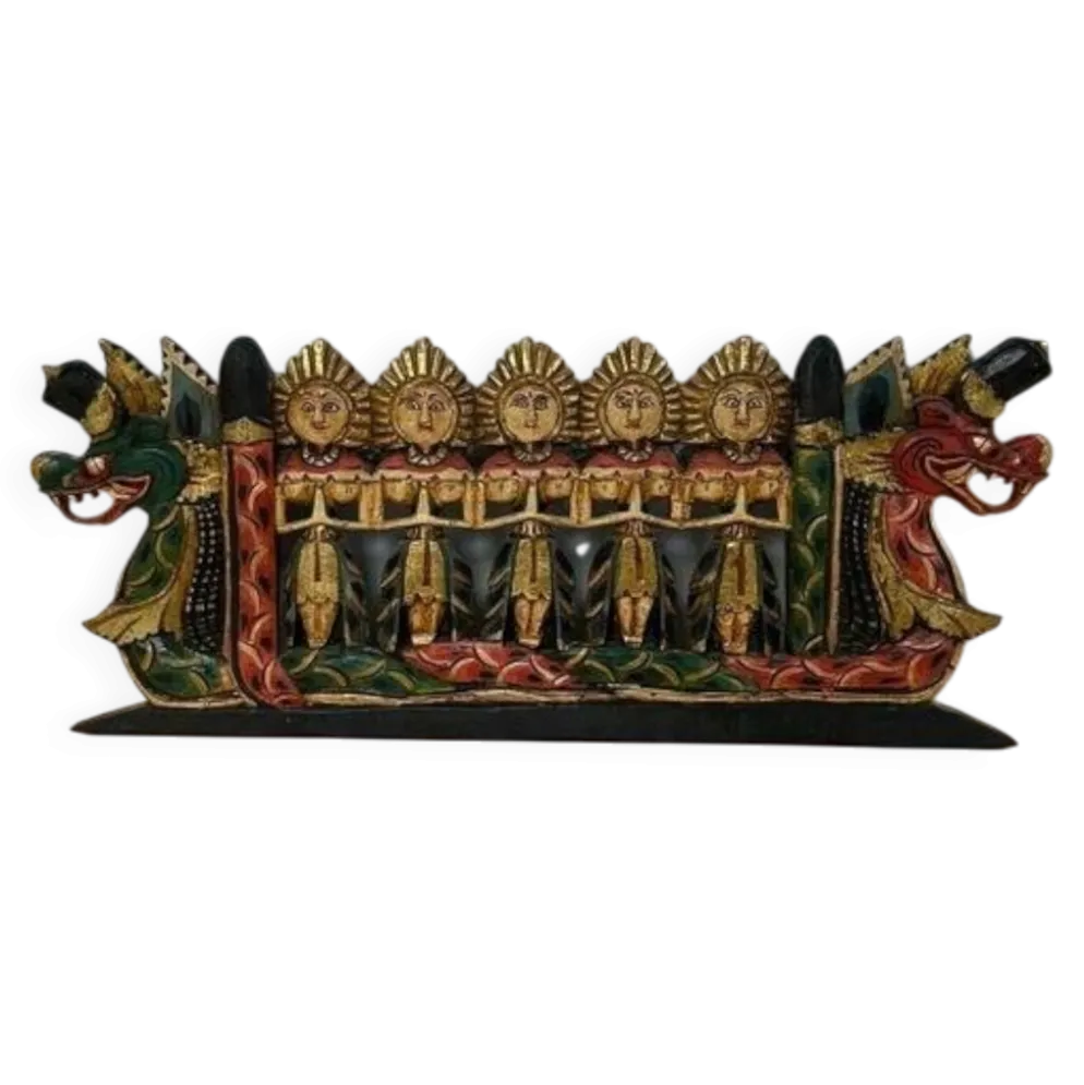 Panneau mural balinais bois sculpté doré polychrome dragon procession