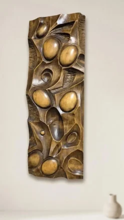 Panneau mural en bois sculpté, art mural, milieu du 20e siècle, 55 × 20 × 5 cm