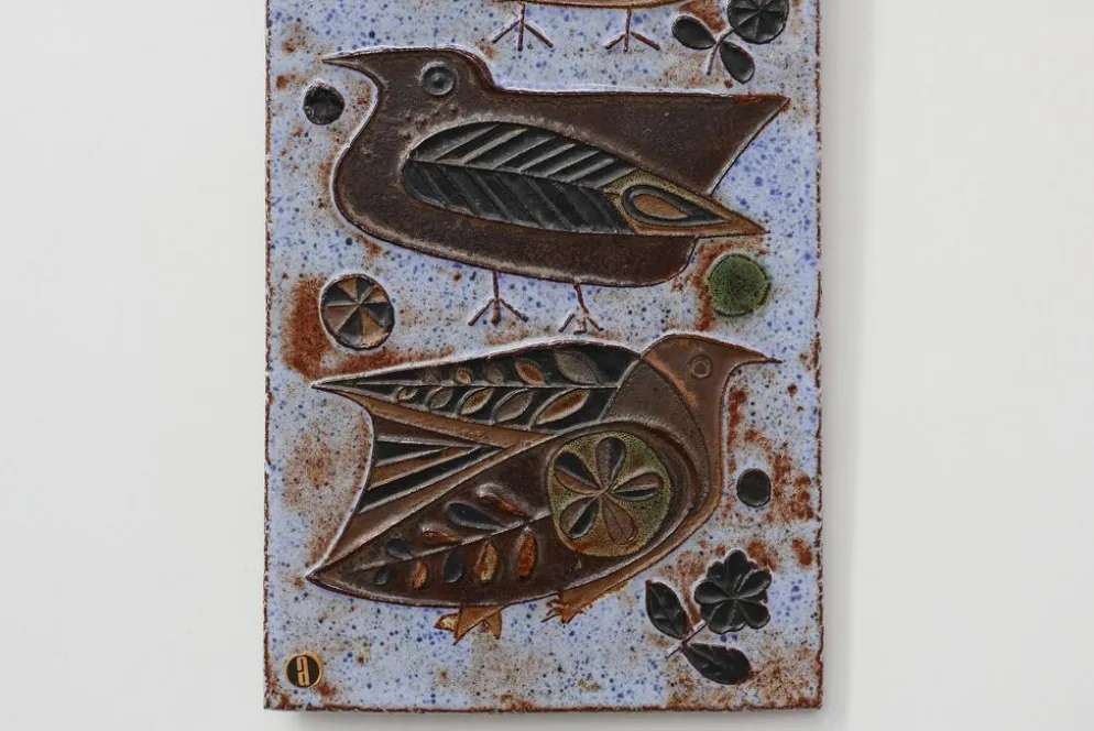 Panneau mural en céramique du milieu du siècle avec des oiseaux stylisés par Amphora, Belgique, vers.