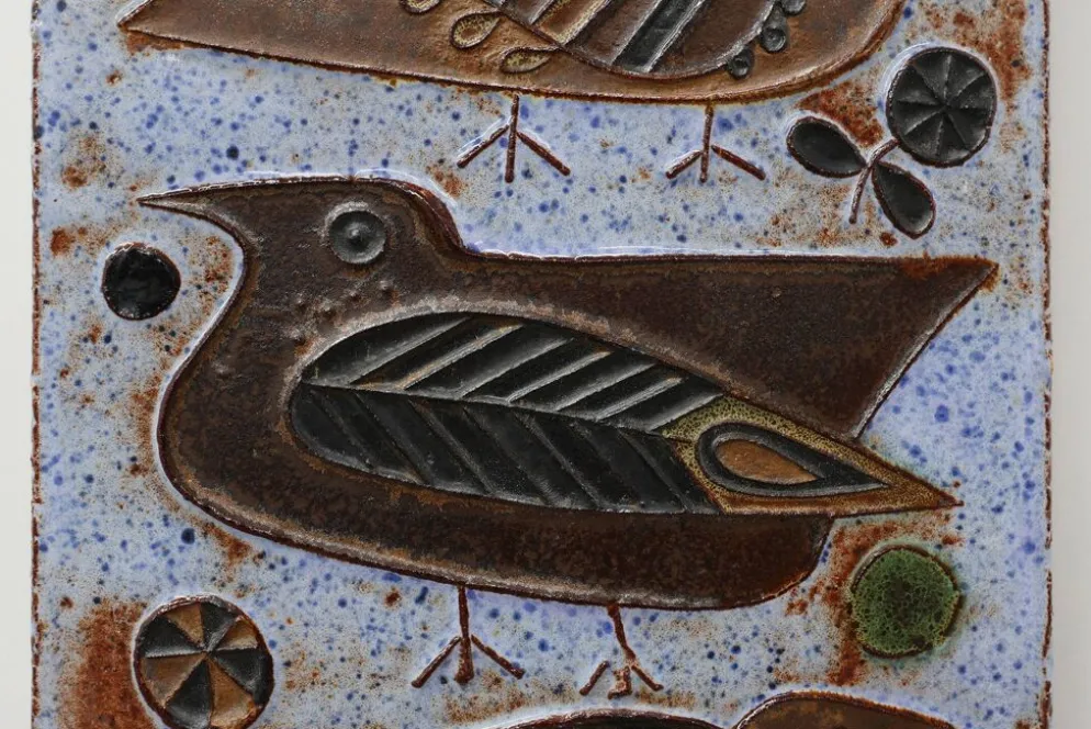 Panneau mural en céramique du milieu du siècle avec des oiseaux stylisés par Amphora, Belgique, vers.