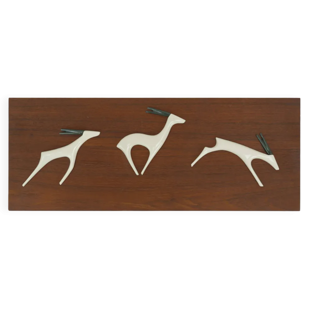 panneau mural en teck porcelaine antilopes sgrafo design moderne années 60 peter mueller