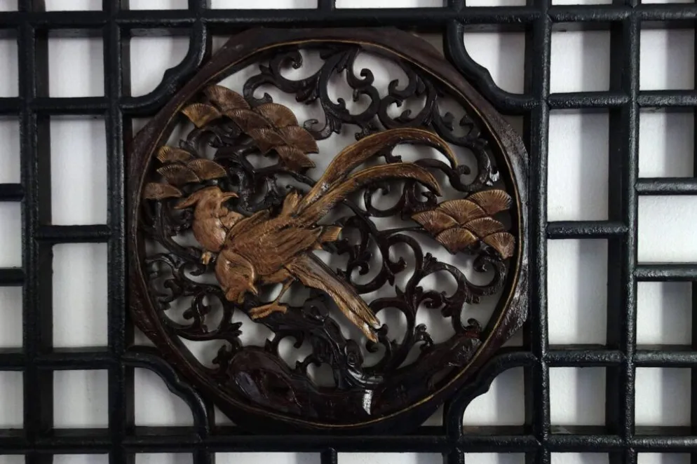 Panneau mural octogonal bois sculpté, milieu XXème, Chine