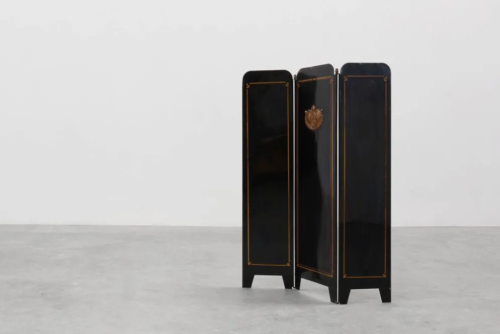 Paravent de cheminée Art Déco noir et or français, années 1930