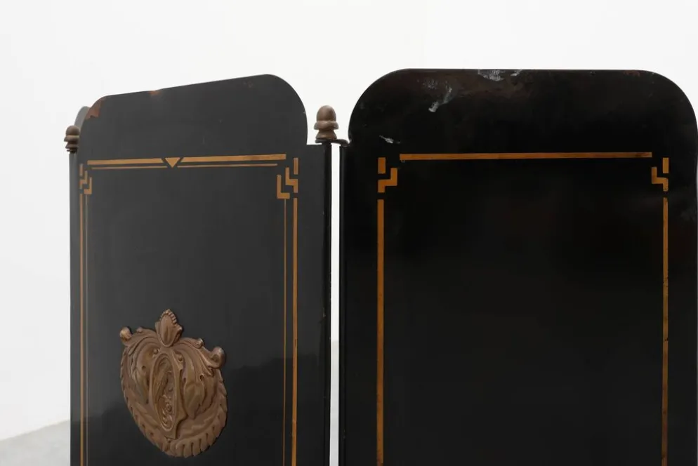 Paravent de cheminée Art Déco noir et or français, années 1930