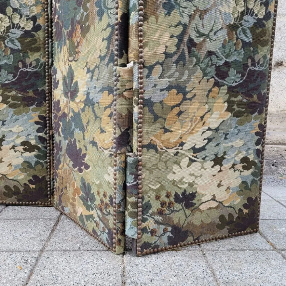 Paravent à trois panneaux, tapissé style Verdure, années 50 – France