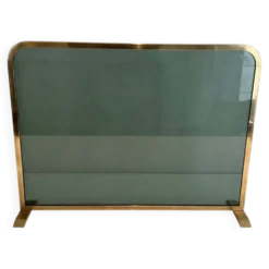 Pare-Feu Design à Panneau Unique en Verre Teinté Vert avec Cadre en Laiton