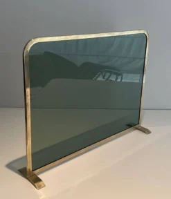 Pare-Feu Design à Panneau Unique en Verre Teinté Vert avec Cadre en Laiton