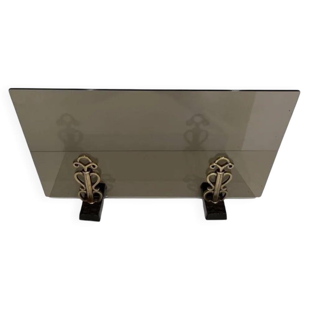 Pare-Feu en Verre Fumé sur Supports en Bronze Art Déco dans le Goût de Raym
