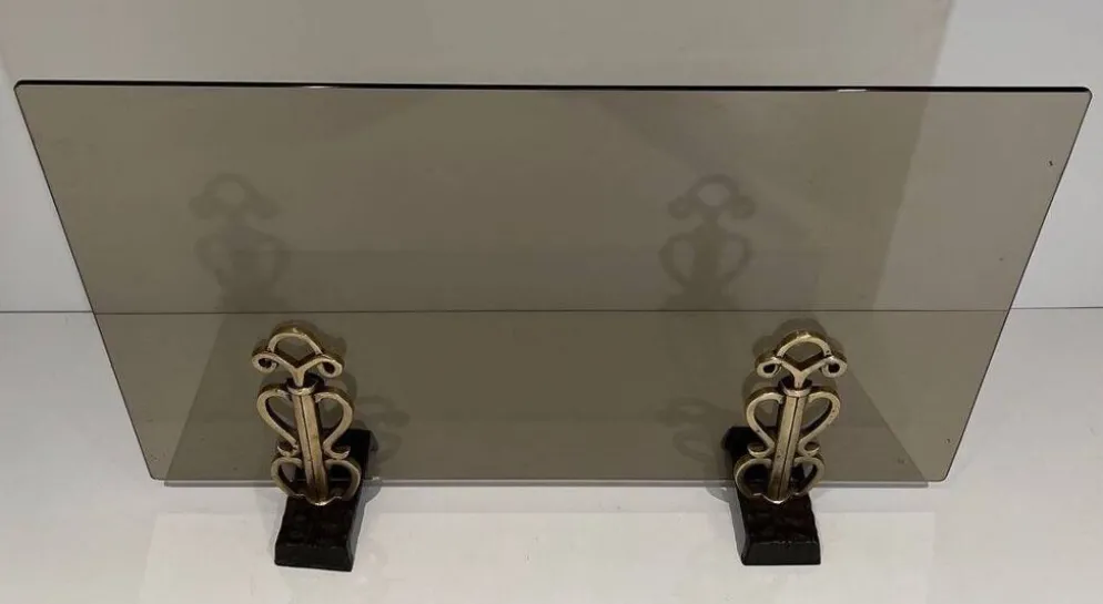 Pare-Feu en Verre Fumé sur Supports en Bronze Art Déco dans le Goût de Raym