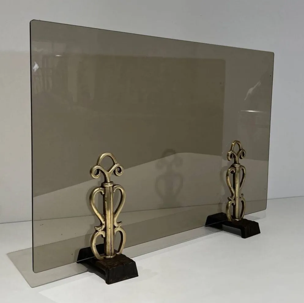 Pare-Feu en Verre Fumé sur Supports en Bronze Art Déco dans le Goût de Raym