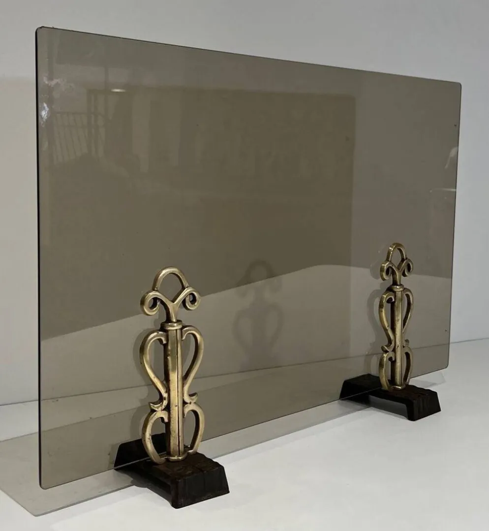 Pare-Feu en Verre Fumé sur Supports en Bronze Art Déco dans le Goût de Raym
