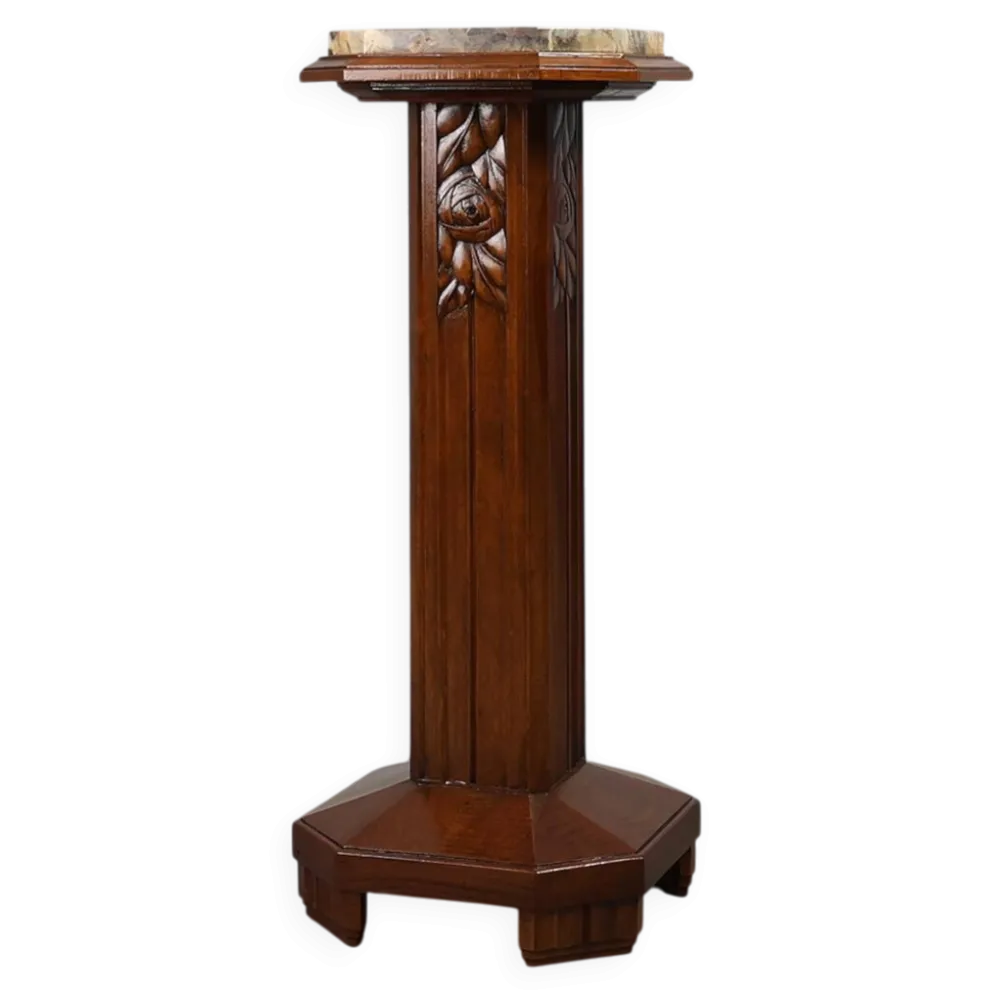 Pédestal Art Déco en chêne et marbre, France, années 1920