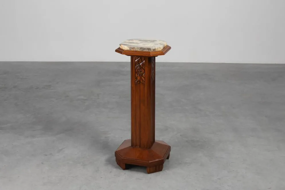 Pédestal Art Déco en chêne et marbre, France, années 1920
