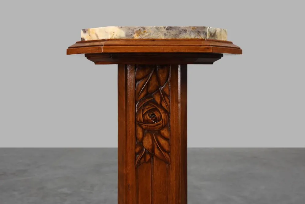 Pédestal Art Déco en chêne et marbre, France, années 1920