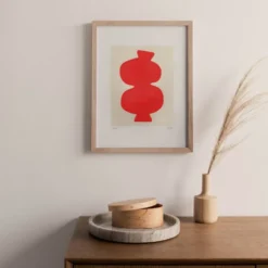 Peinture abstraite sur papier col. rouge primaire signée eawy