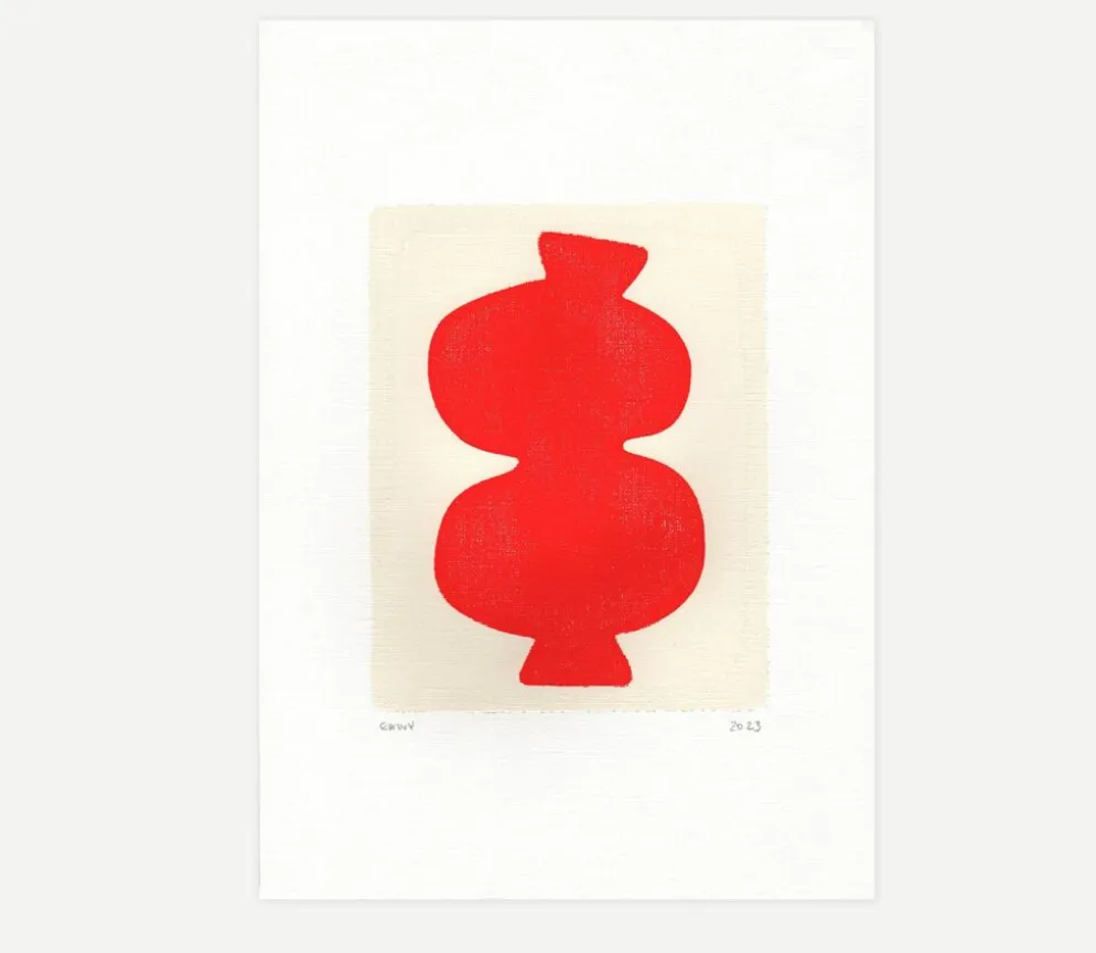 Peinture abstraite sur papier col. rouge primaire signée eawy