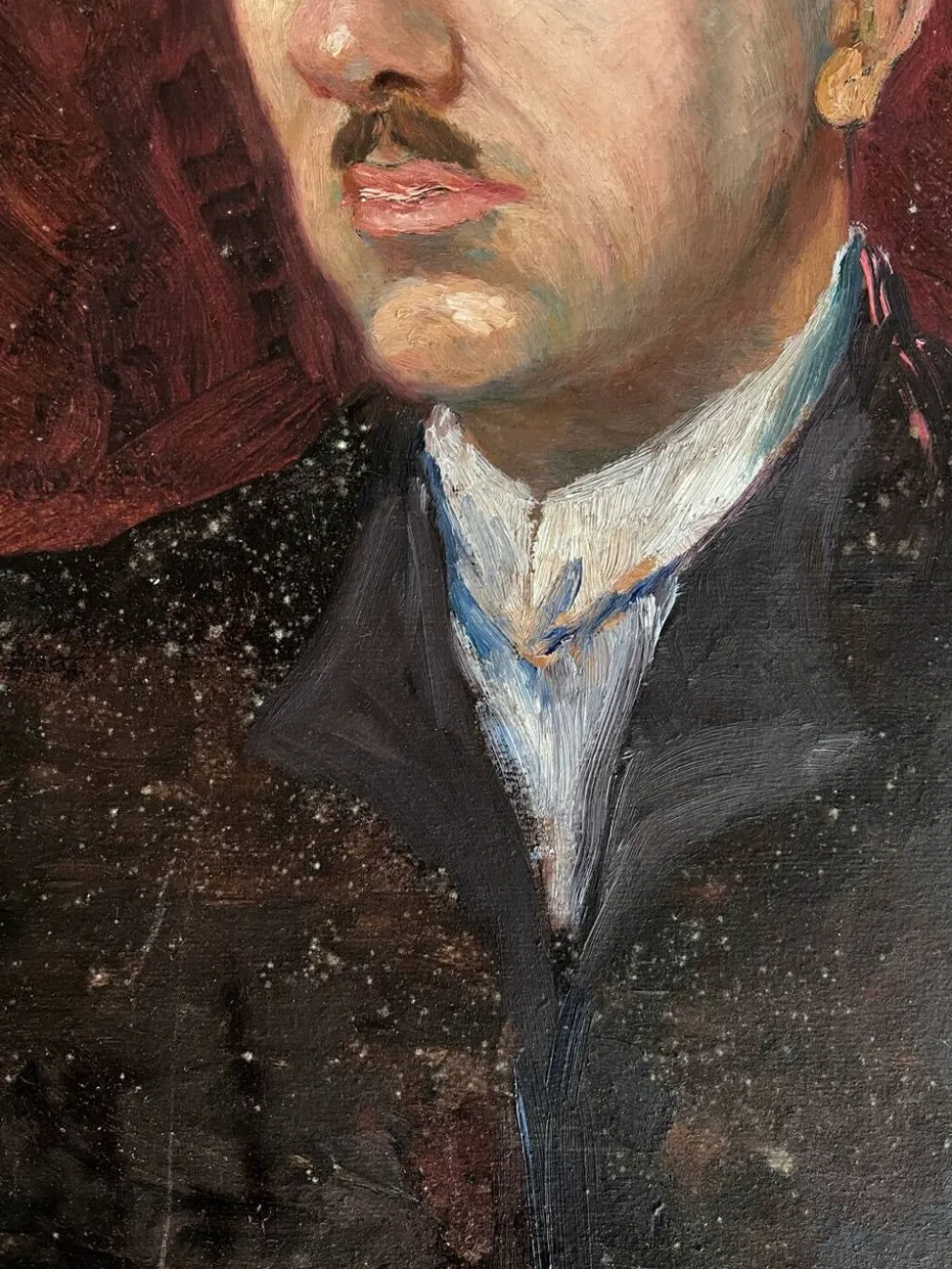 Peinture ancienne huile sur carton portrait homme en costume sombre