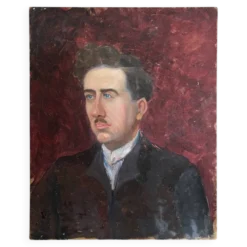 Peinture ancienne huile sur carton portrait homme en costume sombre