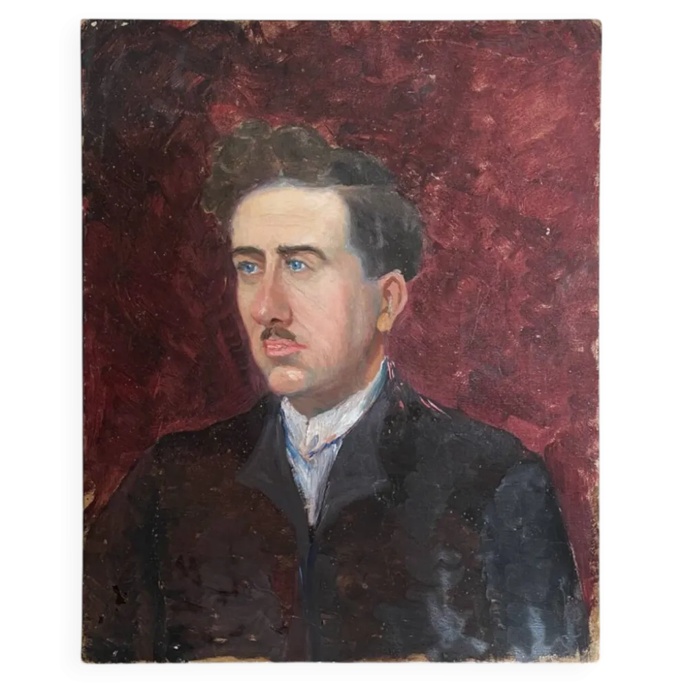 Peinture ancienne huile sur carton portrait homme en costume sombre