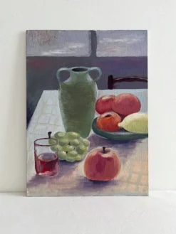 Peinture ancienne huile sur carton nature morte fruits table