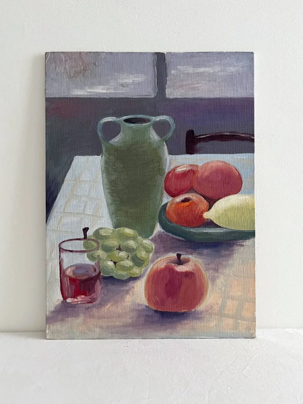 Peinture ancienne huile sur carton nature morte fruits table