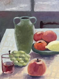 Peinture ancienne huile sur carton nature morte fruits table