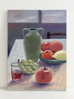 Peinture ancienne huile sur carton nature morte fruits table