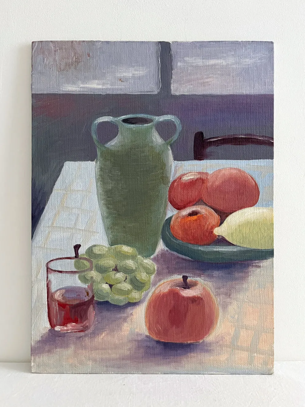 Peinture ancienne huile sur carton nature morte fruits table