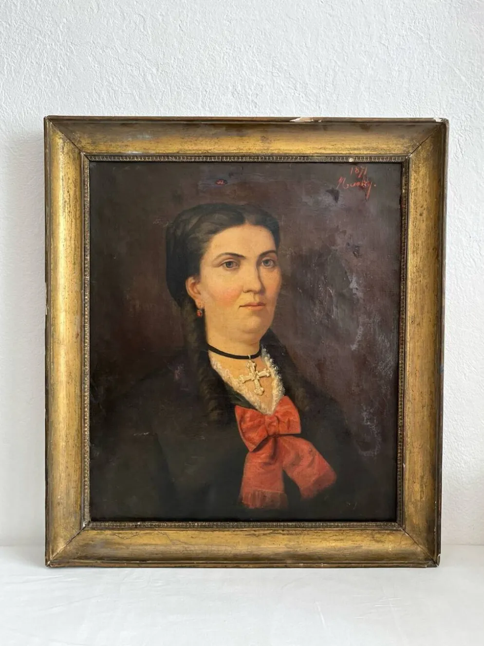 Peinture ancienne huile sur toile portrait femme noeud rouge fin 19eme