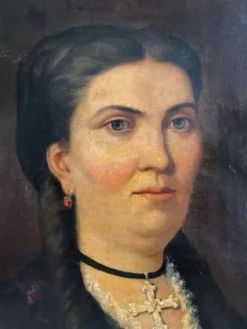 Peinture ancienne huile sur toile portrait femme noeud rouge fin 19eme
