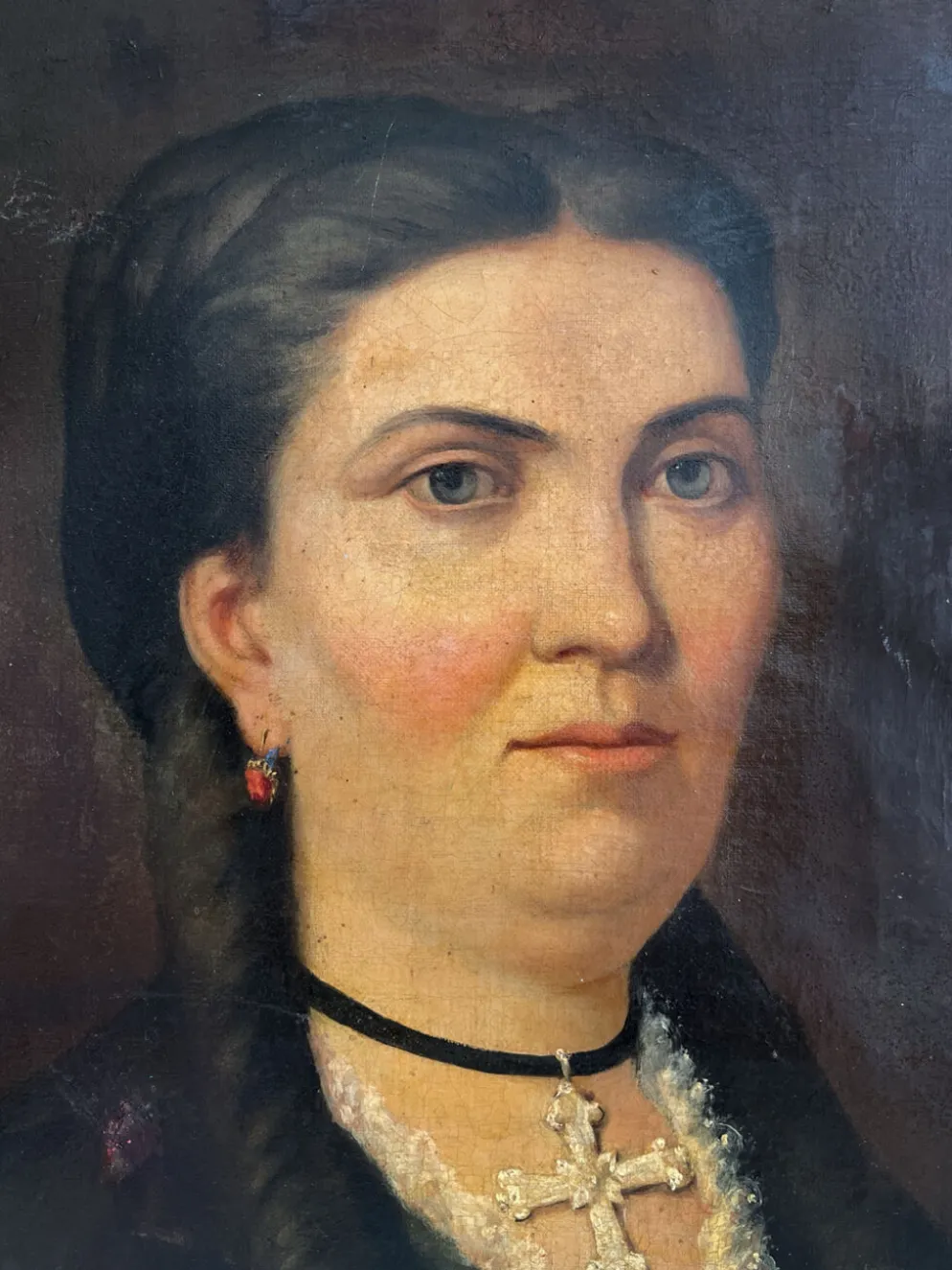 Peinture ancienne huile sur toile portrait femme noeud rouge fin 19eme