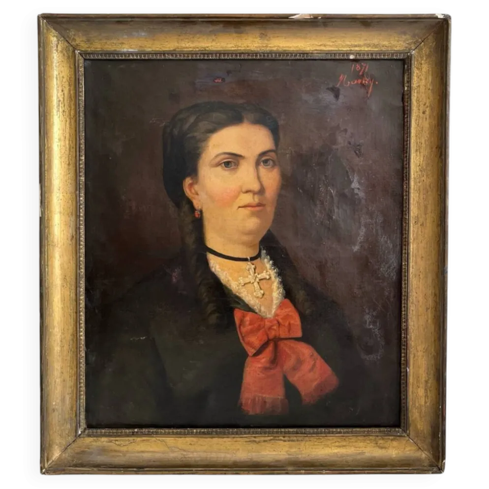 Peinture ancienne huile sur toile portrait femme noeud rouge fin 19eme