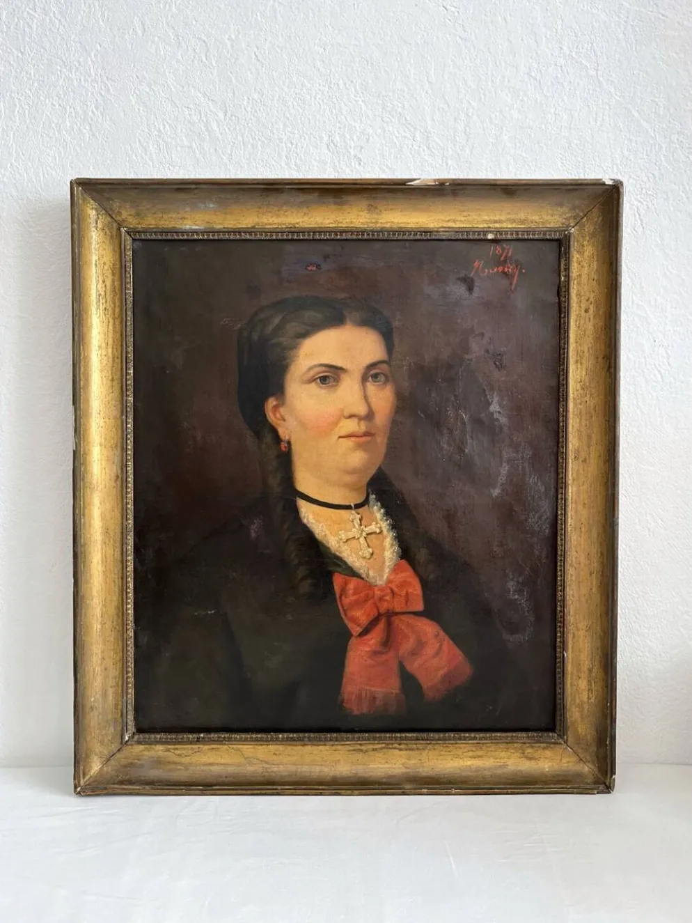 Peinture ancienne huile sur toile portrait femme noeud rouge fin 19eme