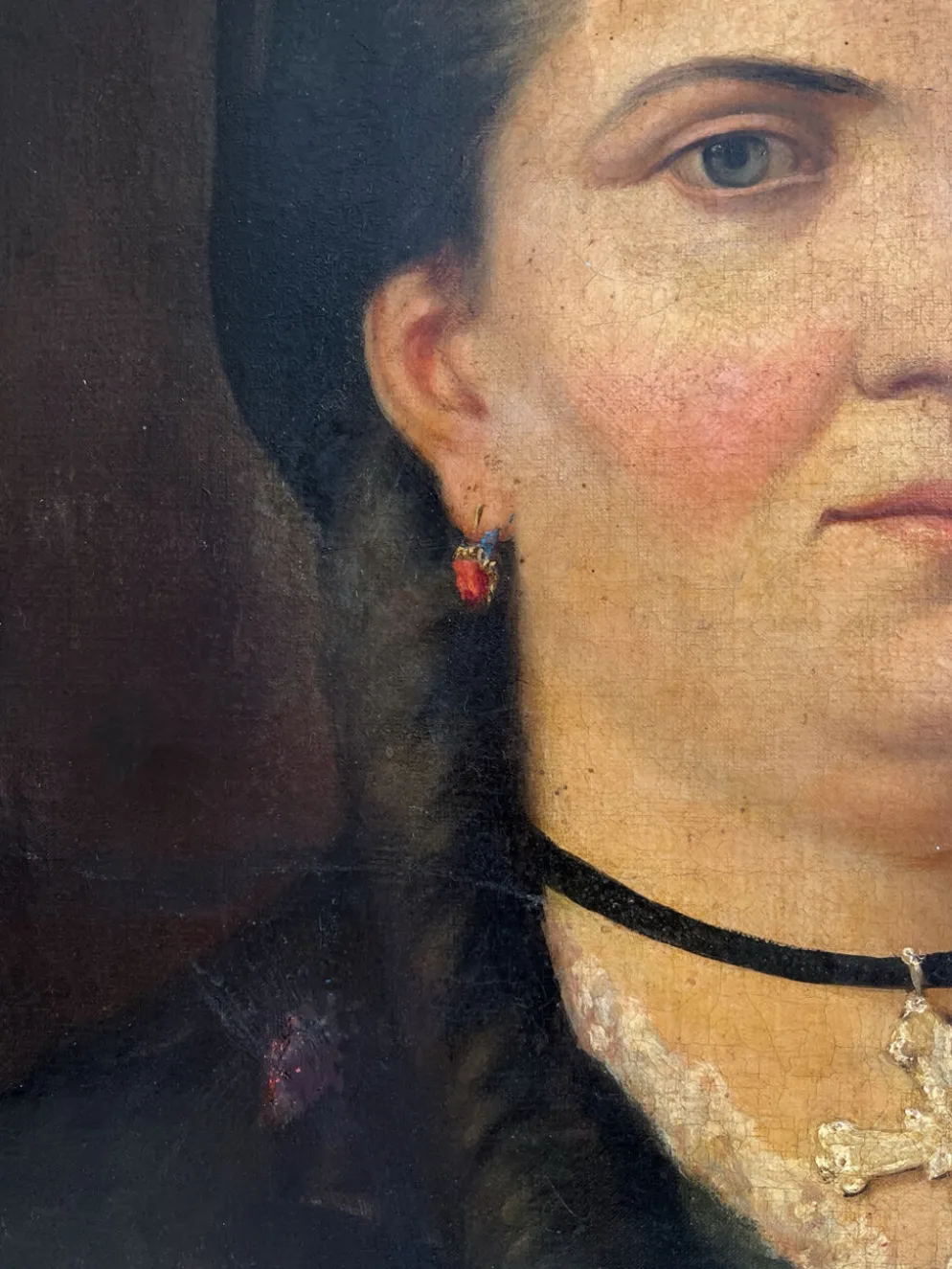 Peinture ancienne huile sur toile portrait femme noeud rouge fin 19eme