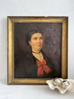 Peinture ancienne huile sur toile portrait femme noeud rouge fin 19eme