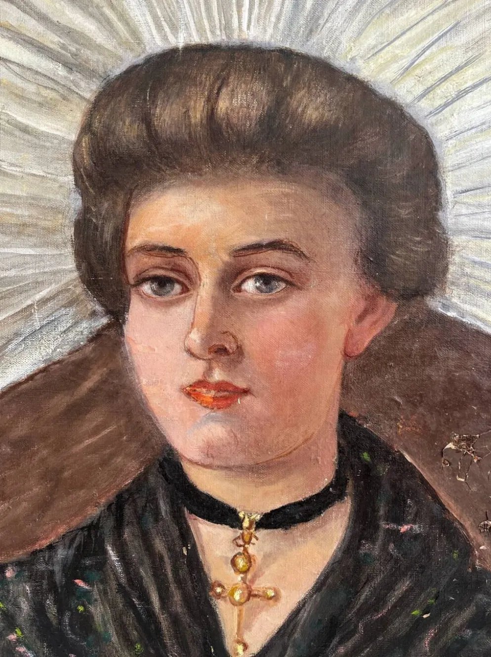 Peinture ancienne huile sur toile portrait de femme en costume traditionnel