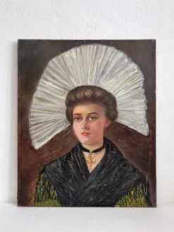 Peinture ancienne huile sur toile portrait de femme en costume traditionnel