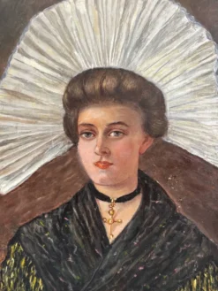 Peinture ancienne huile sur toile portrait de femme en costume traditionnel