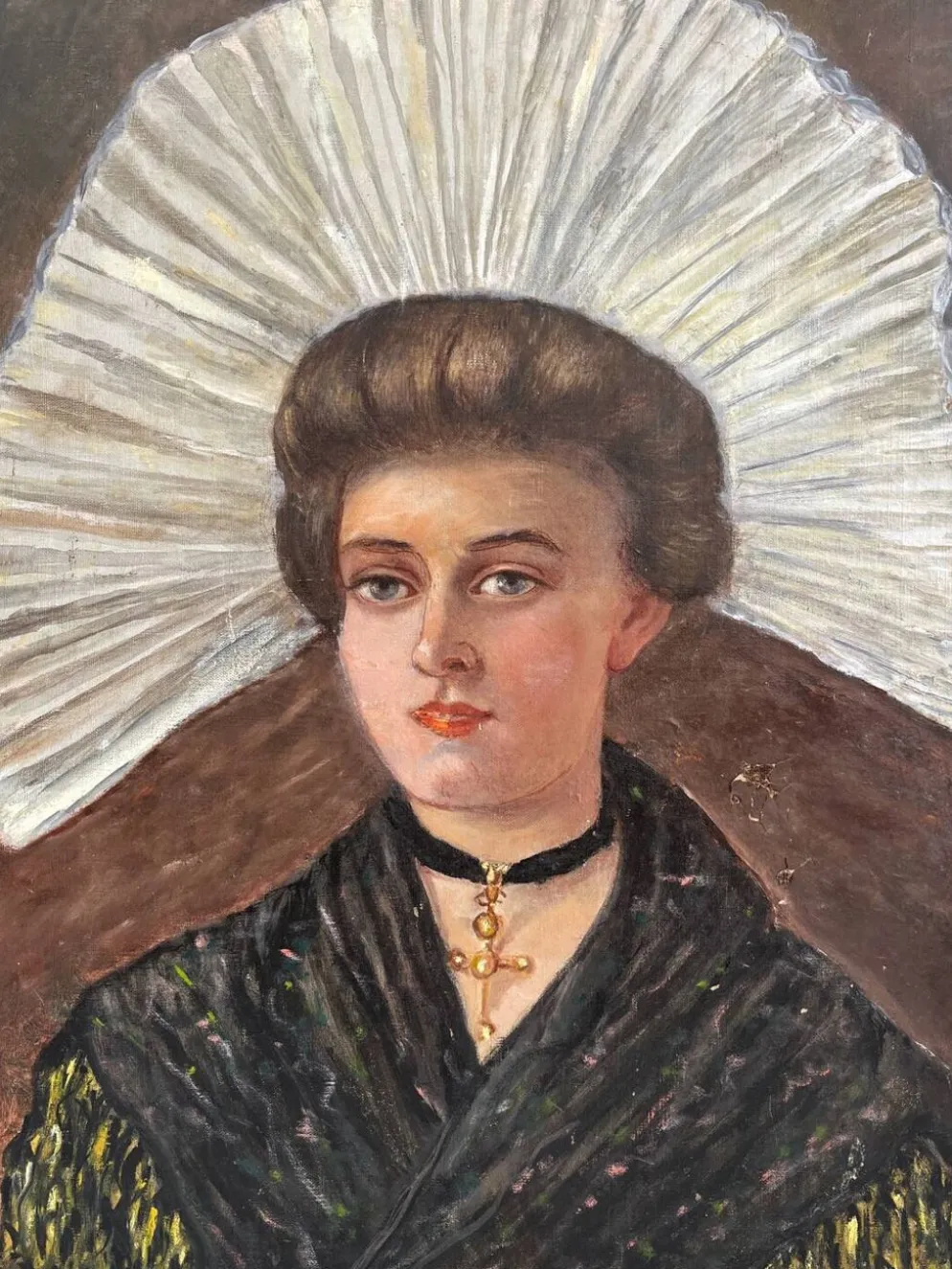 Peinture ancienne huile sur toile portrait de femme en costume traditionnel