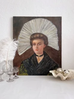 Peinture ancienne huile sur toile portrait de femme en costume traditionnel