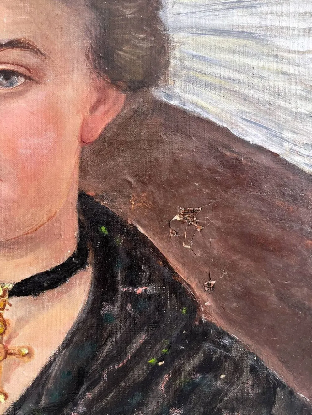 Peinture ancienne huile sur toile portrait de femme en costume traditionnel