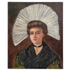 Peinture ancienne huile sur toile portrait de femme en costume traditionnel